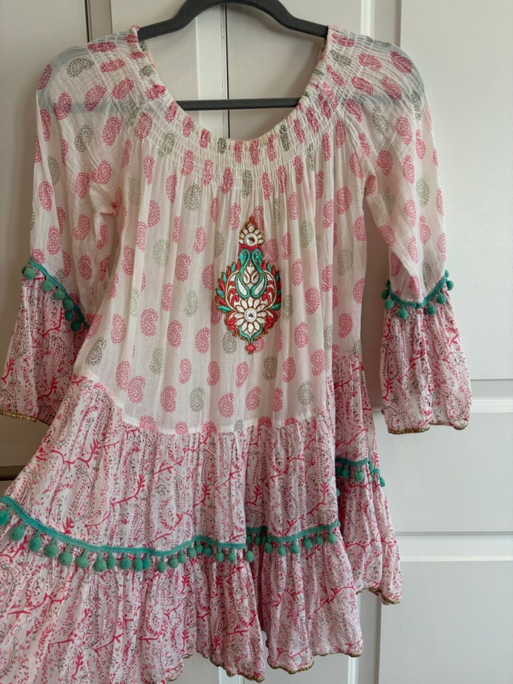 Coverup Pink Paisley Tiered Dress with Green Trim by Debbie Katz